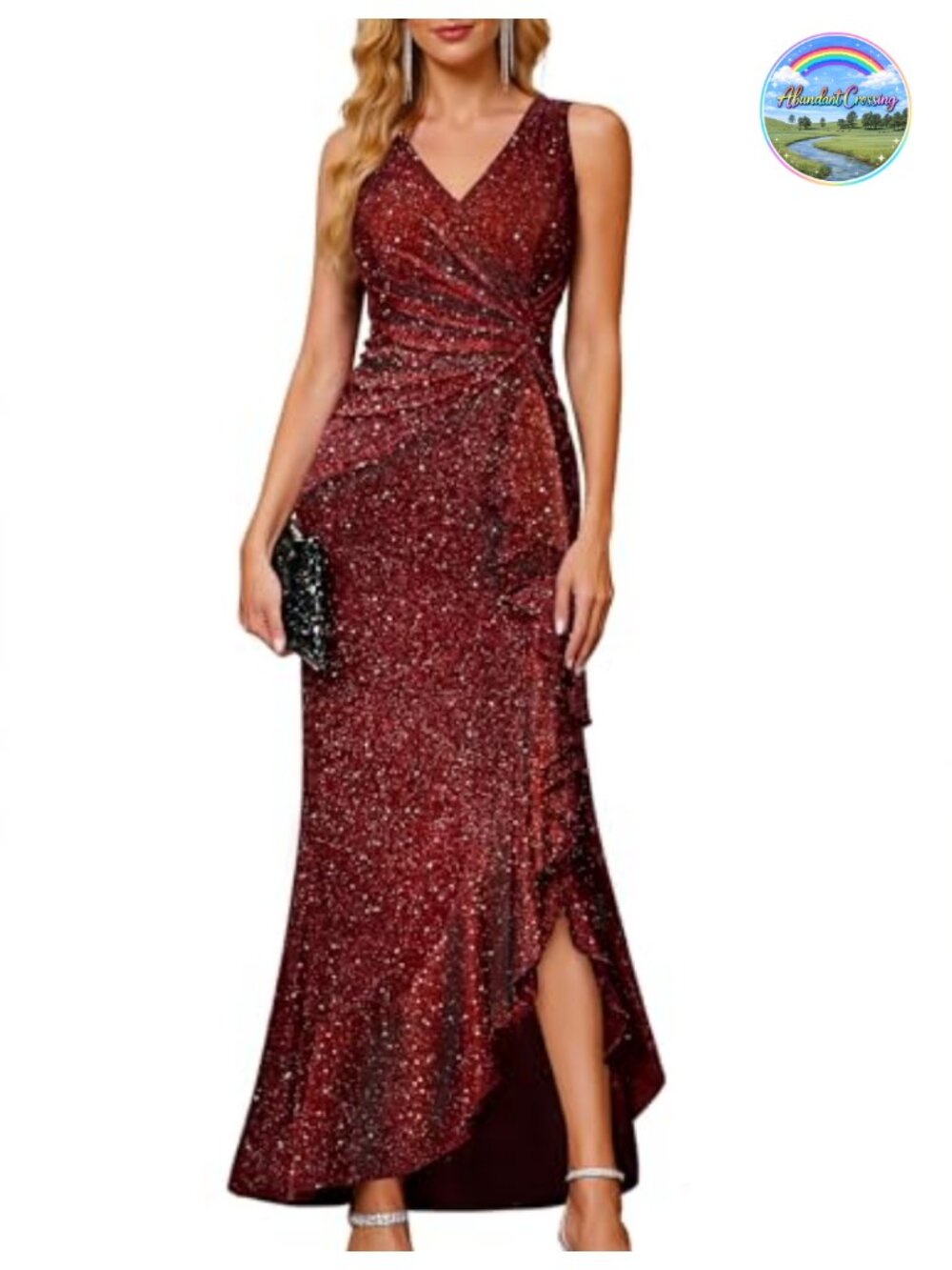 Womens Sequin Formal Long Ruffle Dress Party Wedding Cocktail Gown